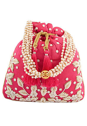 Hand Embroidered Art Silk Potli Bag in Pink