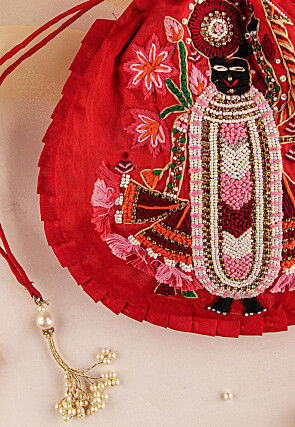 Hand Embroidered Art Silk Potli Bag in Red