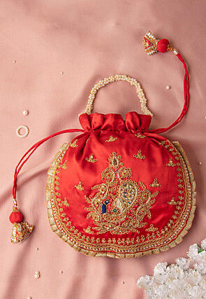 Hand Embroidered Art Silk Potli Bag in Red