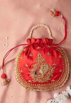 Hand Embroidered Art Silk Potli Bag in Red