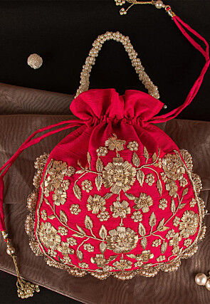Hand Embroidered Art Silk Potli Bag in Red