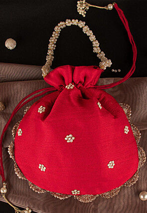 Hand Embroidered Art Silk Potli Bag in Red