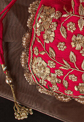 Hand Embroidered Art Silk Potli Bag in Red