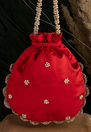 Hand Embroidered Art Silk Potli Bag in Red