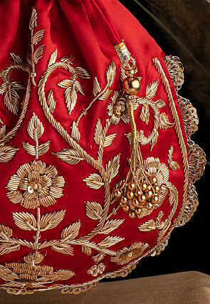 Hand Embroidered Art Silk Potli Bag in Red