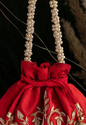 Hand Embroidered Art Silk Potli Bag in Red