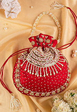 Hand Embroidered Art Silk Potli Bag in Red