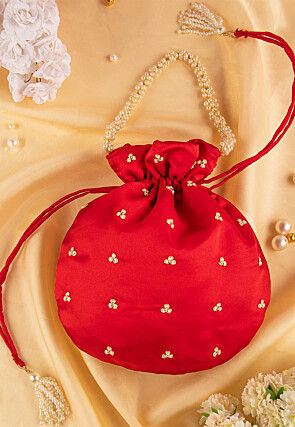 Hand Embroidered Art Silk Potli Bag in Red