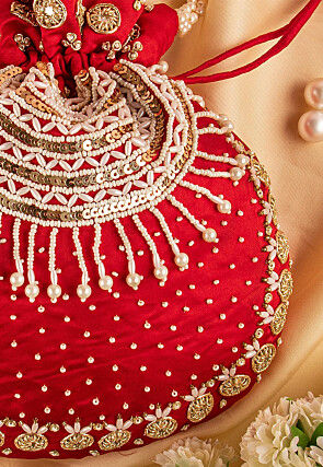 Hand Embroidered Art Silk Potli Bag in Red
