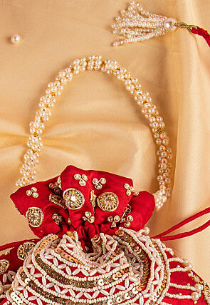 Hand Embroidered Art Silk Potli Bag in Red