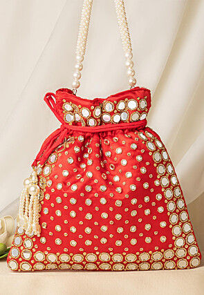 Hand Embroidered Art Silk Potli Bag in Red