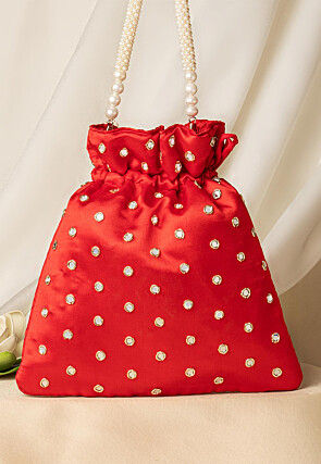 Hand Embroidered Art Silk Potli Bag in Red