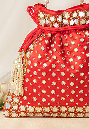 Hand Embroidered Art Silk Potli Bag in Red