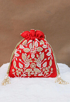 Hand Embroidered Art Silk Potli Bag in Red