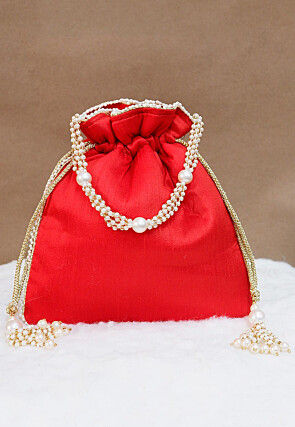 Hand Embroidered Art Silk Potli Bag in Red