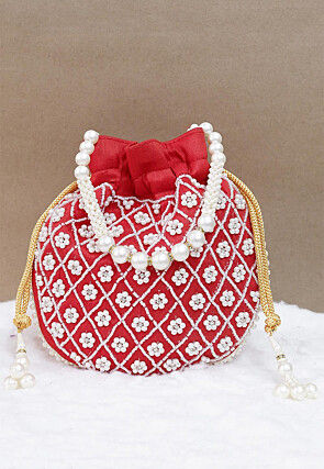 Hand Embroidered Art Silk Potli Bag in Red