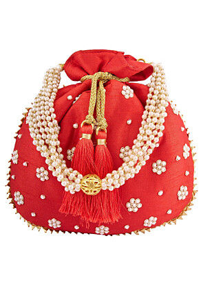 Hand Embroidered Art Silk Potli Bag in Red