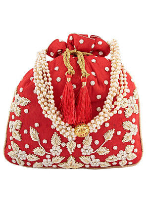 Hand Embroidered Art Silk Potli Bag in Red