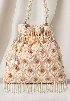 Hand Embroidered Art Silk Potli Bag in Rose Gold
