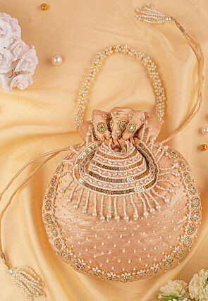 Hand Embroidered Art Silk Potli Bag in Rose Gold