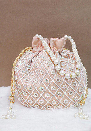 Hand Embroidered Art Silk Potli Bag in Rose Gold