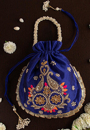 Hand Embroidered Art Silk Potli Bag in Royal Blue