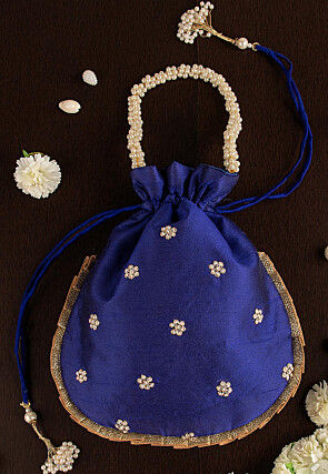 Hand Embroidered Art Silk Potli Bag in Royal Blue