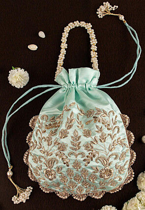 Hand Embroidered Art Silk Potli Bag in Sea Green