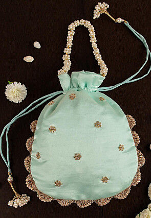 Hand Embroidered Art Silk Potli Bag in Sea Green