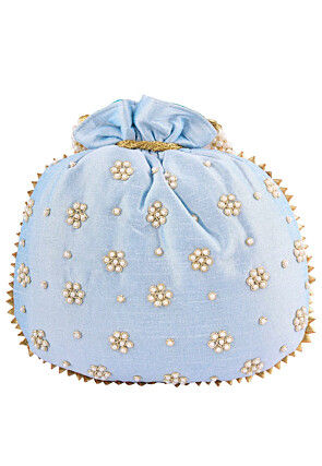 Hand Embroidered Art Silk Potli Bag in Sky Blue