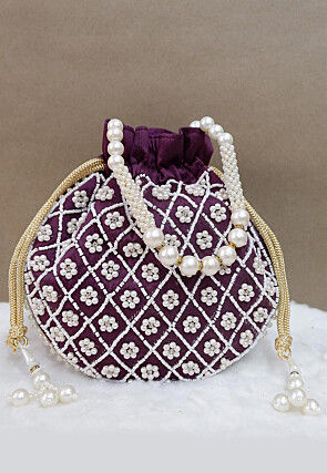 Hand Embroidered Art Silk Potli Bag in Wine