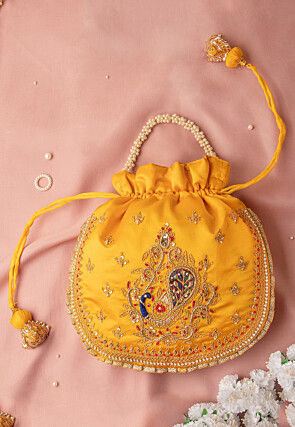 Hand Embroidered Art Silk Potli Bag in Yellow