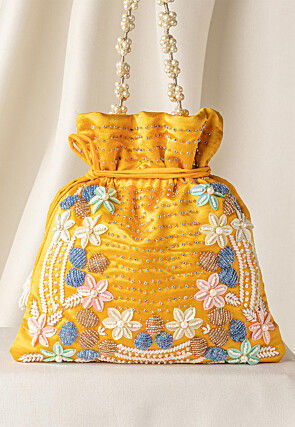 Hand Embroidered Art Silk Potli Bag in Yellow