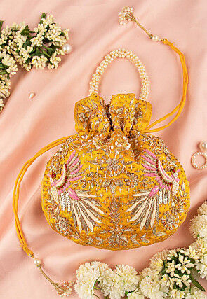 Hand Embroidered Art Silk Potli Bag in Yellow