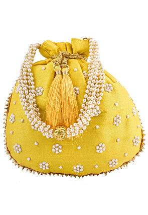 Hand Embroidered Art Silk Potli Bag in Yellow