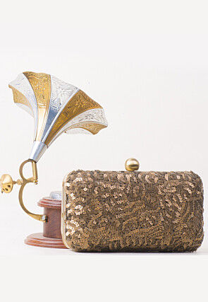 Hand Embroidered Art Silk Rectangular Clutch Bag in Beige