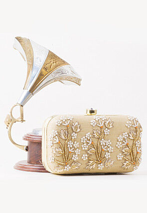 Hand Embroidered Art Silk Rectangular Clutch Bag in Beige
