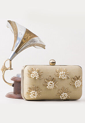 Hand Embroidered Art Silk Rectangular Clutch Bag in Beige
