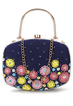 Hand Embroidered Art Silk Rectangular Clutch Bag in Navy Blue