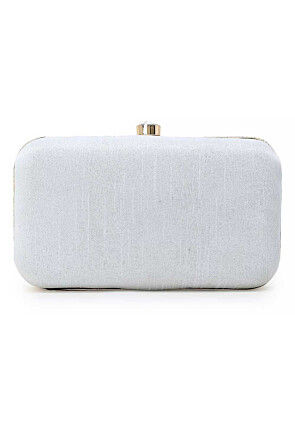Hand Embroidered Art Silk Rectangular Clutch Bag in Off White
