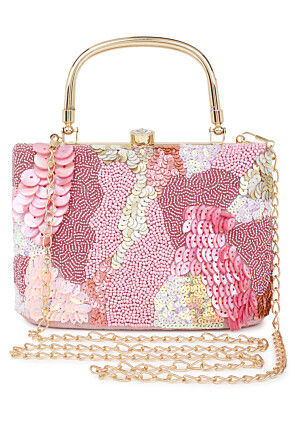 Hand Embroidered Art Silk Rectangular Clutch Bag in Pink