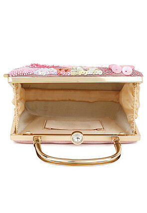 Hand Embroidered Art Silk Rectangular Clutch Bag in Pink