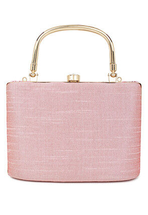 Hand Embroidered Art Silk Rectangular Clutch Bag in Pink