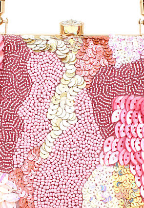 Hand Embroidered Art Silk Rectangular Clutch Bag in Pink