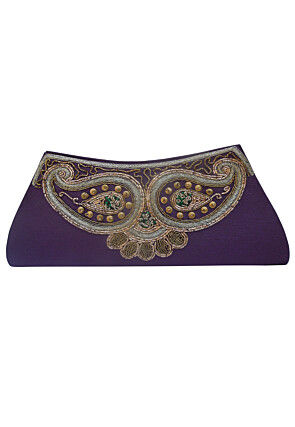 Hand Embroidered Art Silk Rectangular Clutch Bag in Purple