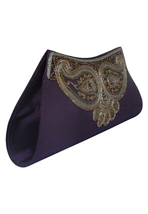 Hand Embroidered Art Silk Rectangular Clutch Bag in Purple