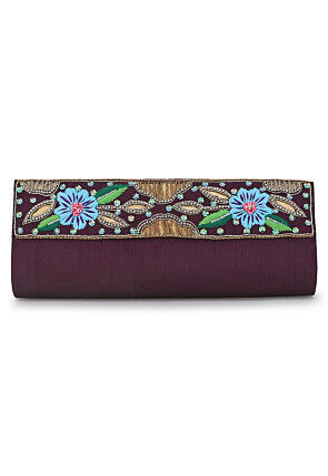 Hand Embroidered Art Silk Rectangular Clutch Bag in Violet