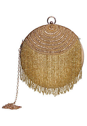 Hand Embroidered Art Silk Round Clutch Bag in Golden