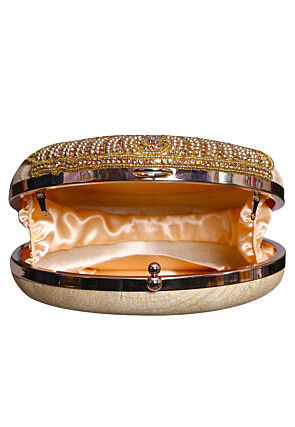 Hand Embroidered Art Silk Round Clutch Bag in Golden