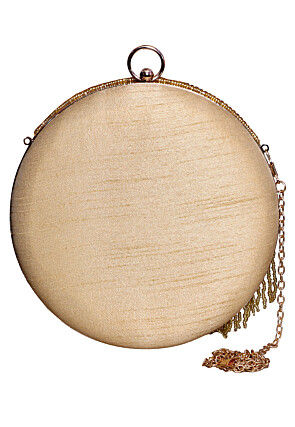 Hand Embroidered Art Silk Round Clutch Bag in Golden